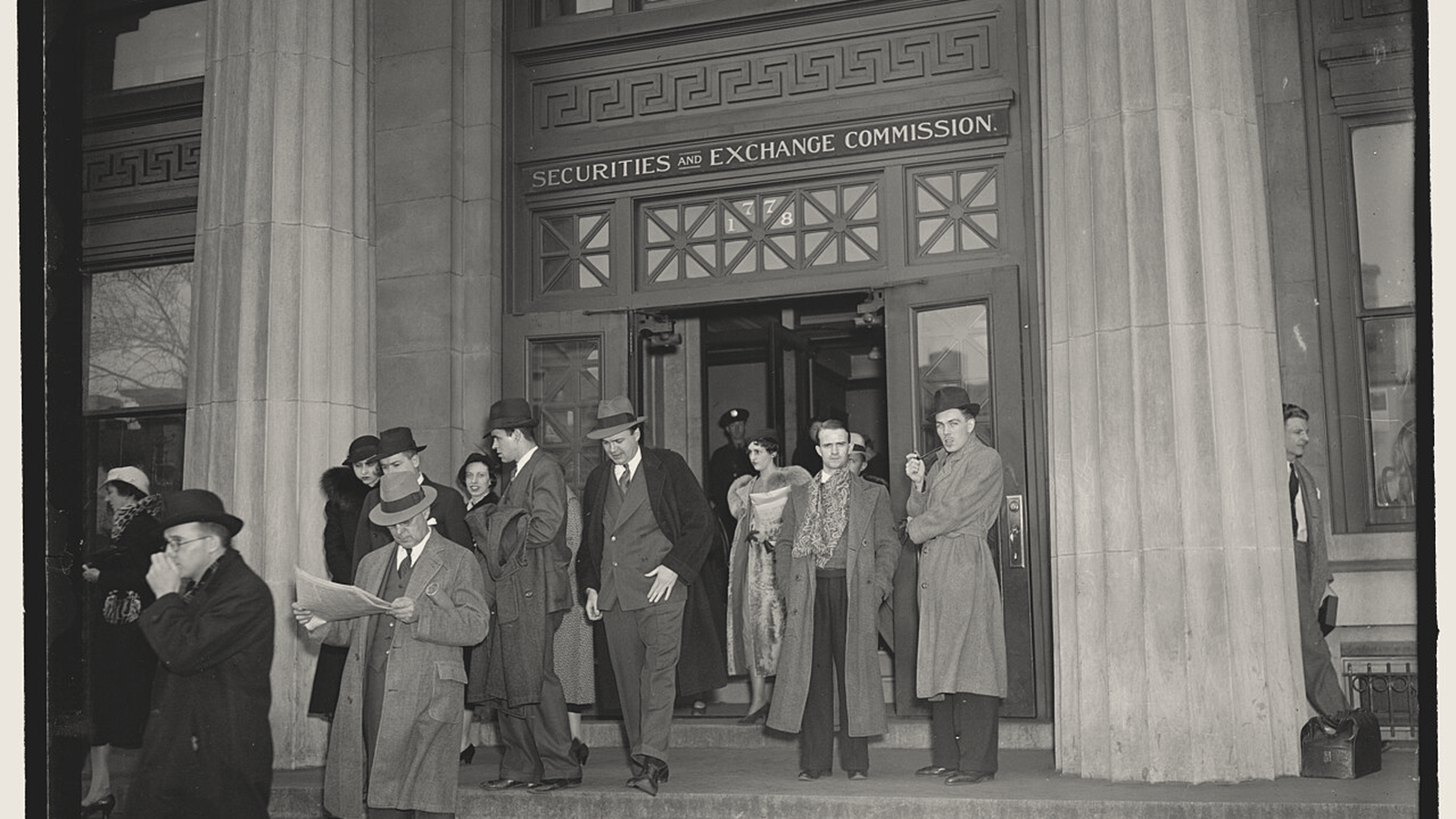 Entrance to the U.S. Securities and Exchange Commission building with SEC signage