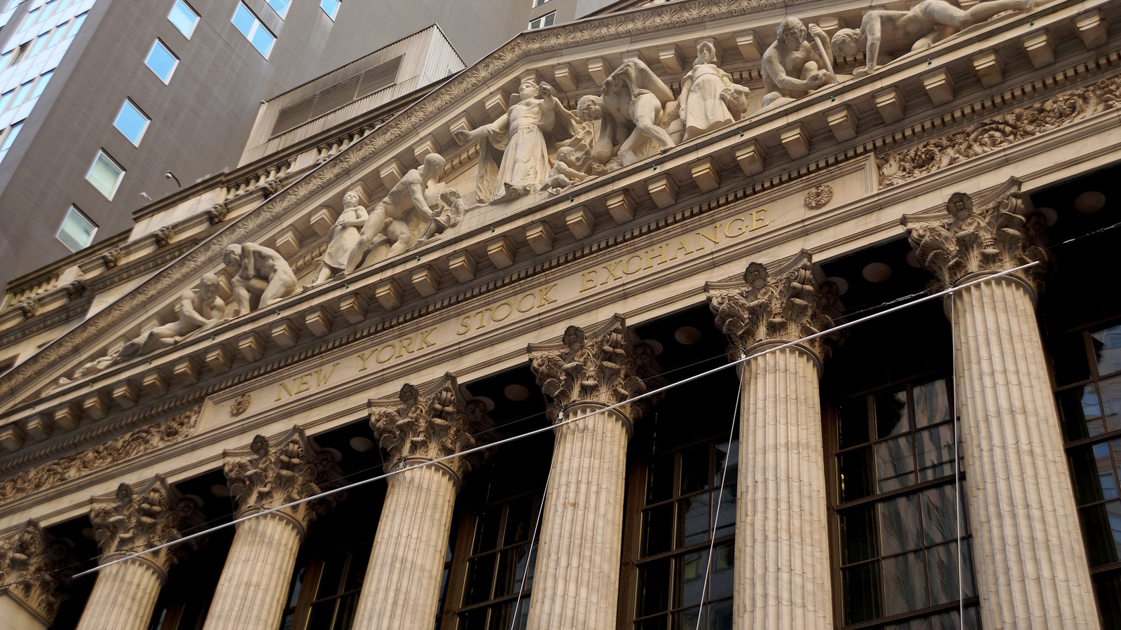 Columns and sculpted pediment of the New York Stock Exchange facade on Broad Street