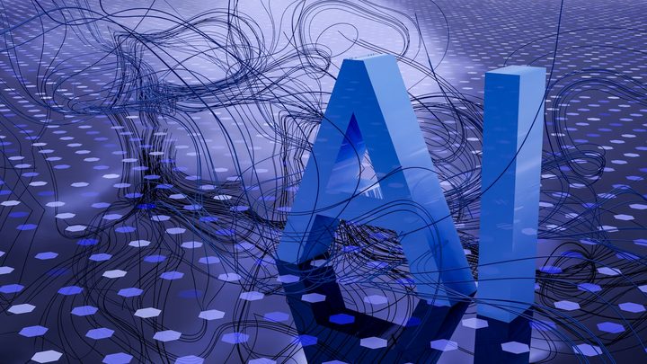 Abstract blue and purple AI neural network visualization glowing in darkness