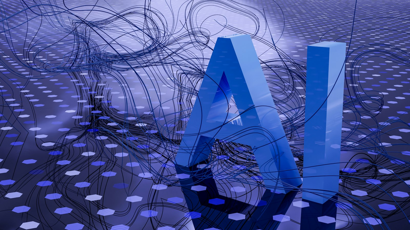 Abstract blue and purple AI neural network visualization glowing in darkness