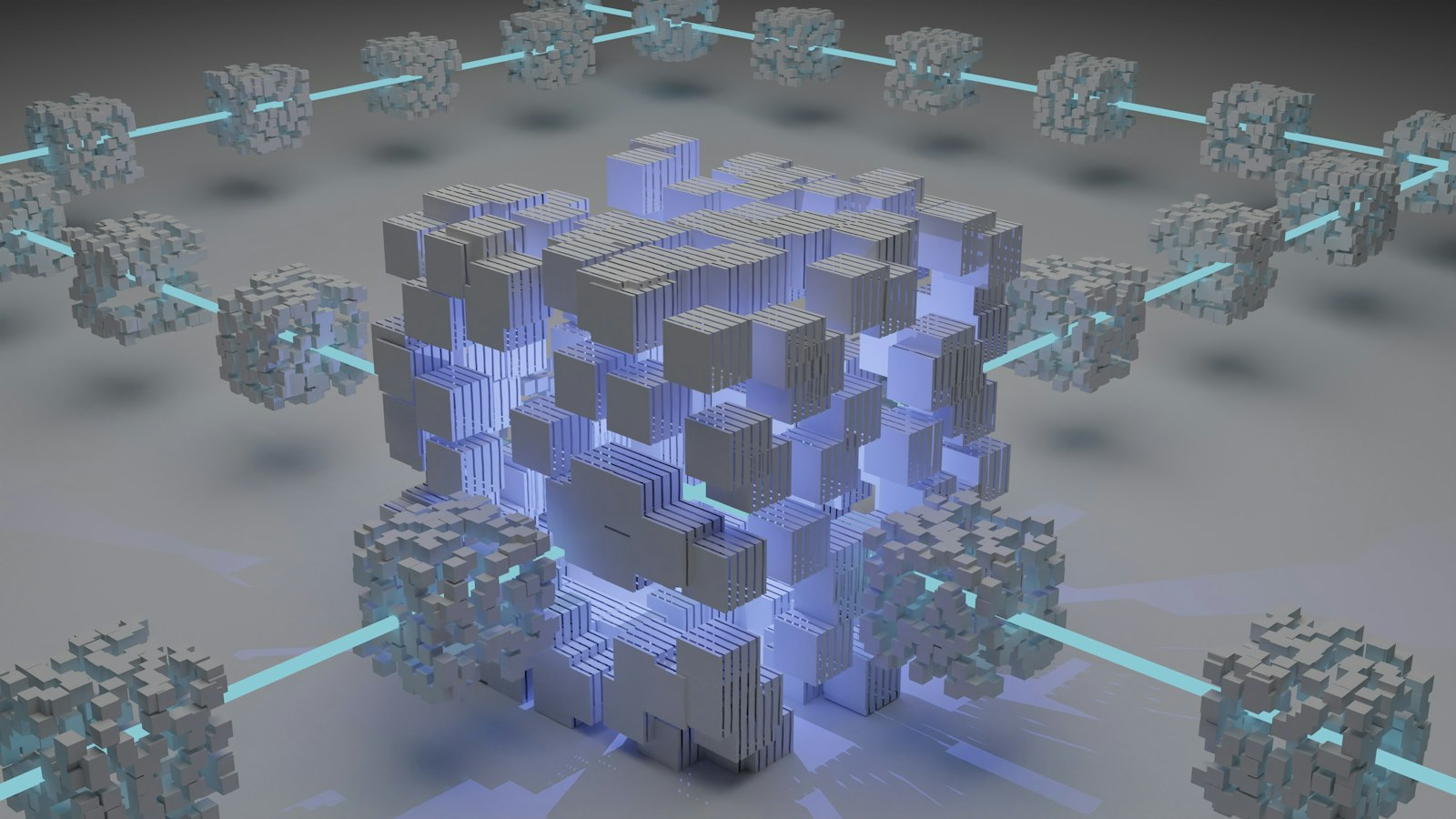 Abstract glowing blockchain network nodes on a dark background